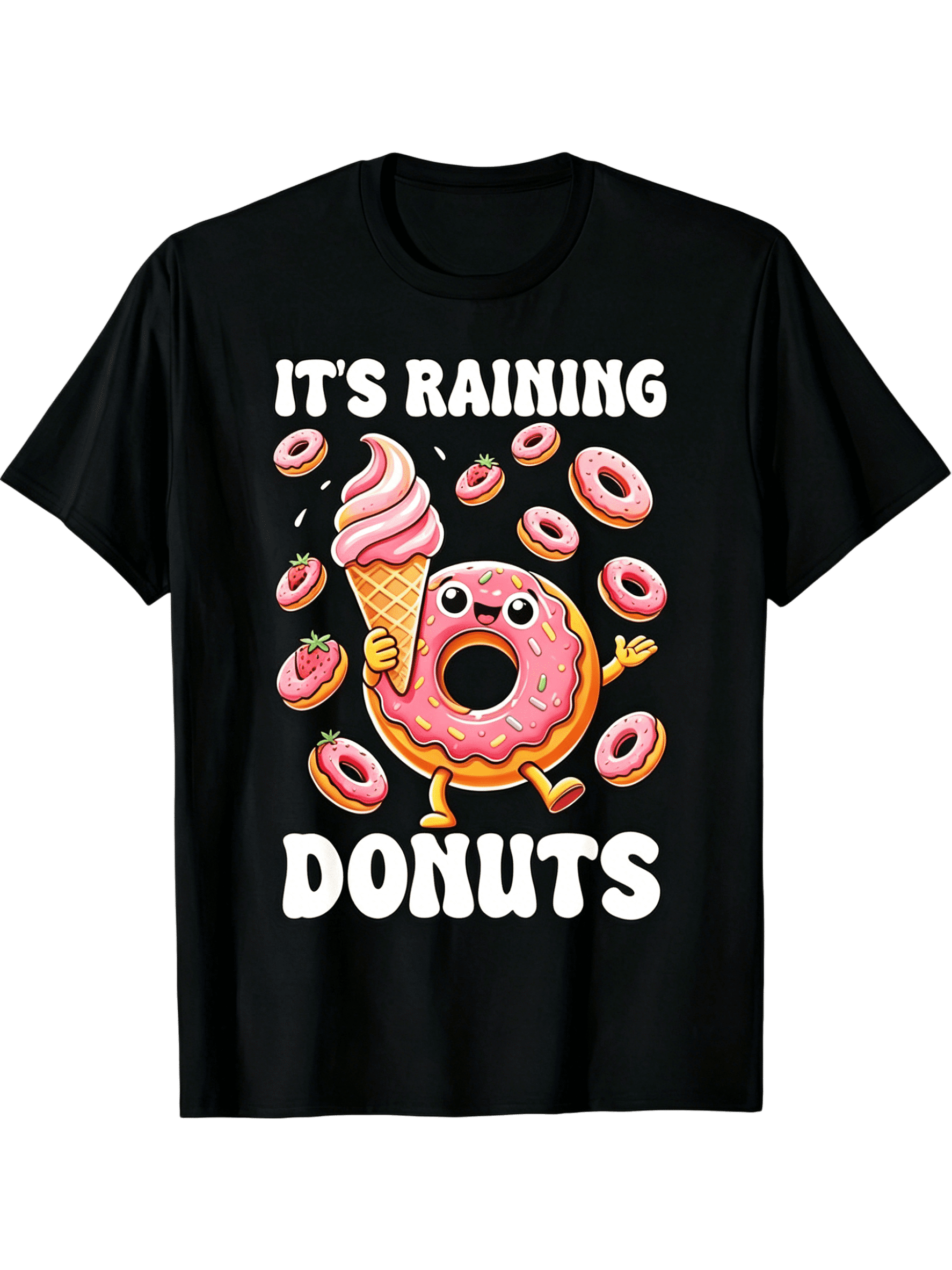 2026 Summer Unisex Short Sleeve T-Shirt, Funny It's Raining Donuts Cartoon Print, Cute Sprinkle Donut With Rainbow Umbrella Graphic Tee for Men Women, 180G Casual Daily Printed Top