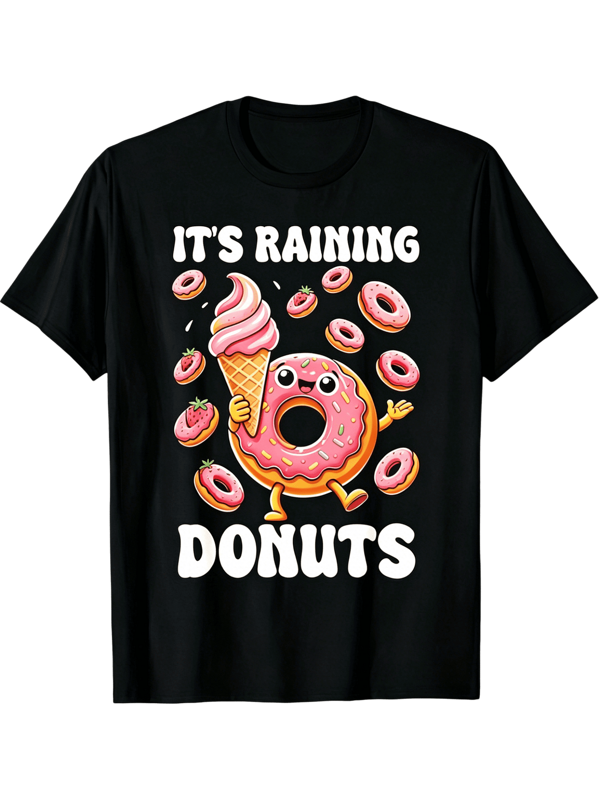 2026 Summer Unisex Short Sleeve T-Shirt, Funny It's Raining Donuts Cartoon Print, Cute Sprinkle Donut With Rainbow Umbrella Graphic Tee for Men Women, 180G Casual Daily Printed Top