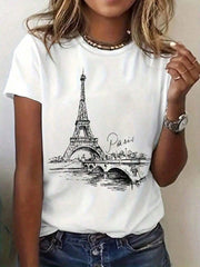 2026Women's Paris Eiffel Tower Pattern Printed T-Shirt - Black And White Color Block Design, Soft Breathable Fabric, Loose Round Neck Casual Top, Spring Summer Vacation Travel Clothing