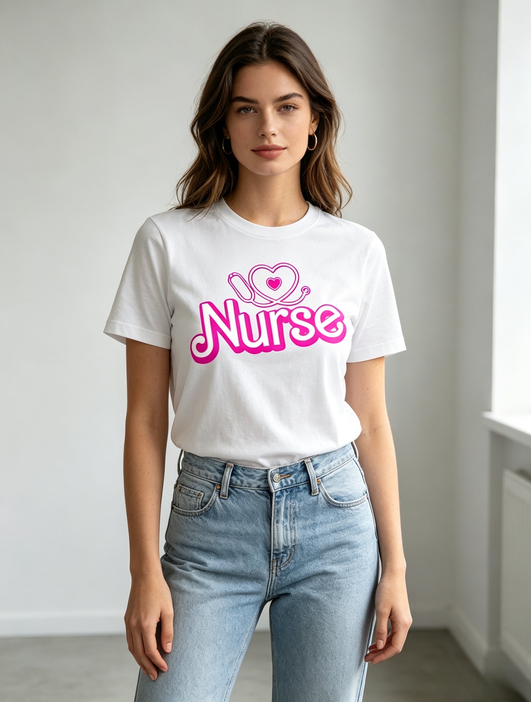 Adorable Nurse Theme Print Short Sleeve Tee Unisex Pure Cotton Summer Top