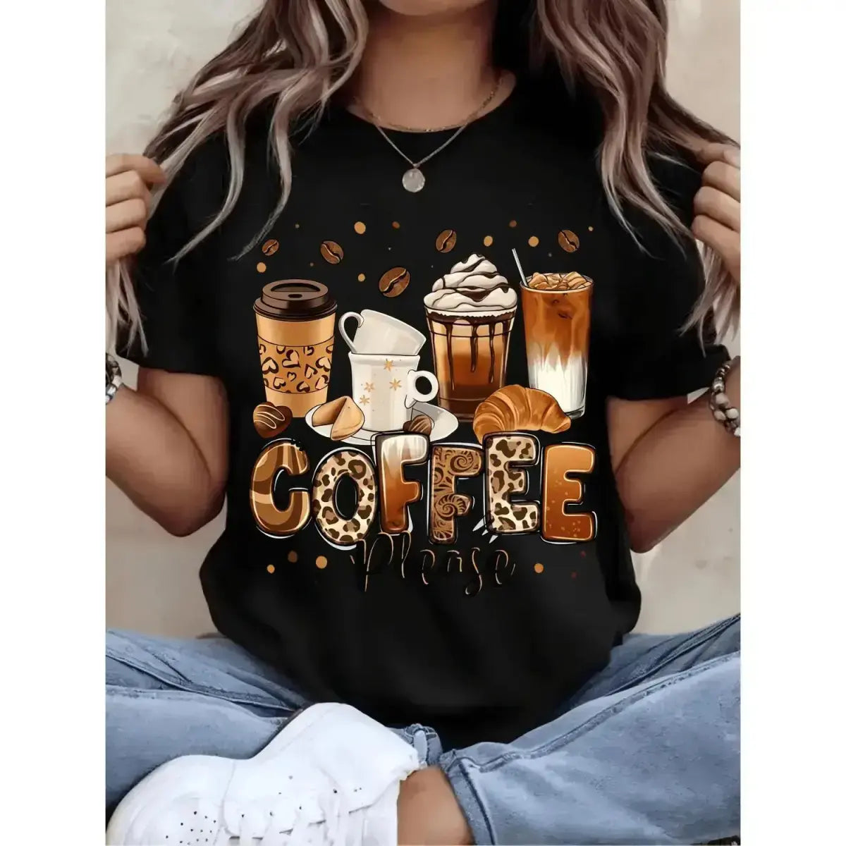 Women's Coffee Lover Graphic T-Shirt, Casual Short Sleeve Round Neck Top with Coffee Cup Beans and “COFFEE Please” Print