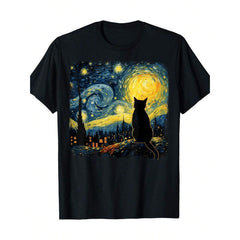 Cotton Cat Starry Night Van Gogh Cat Lover Cat Mom Cat Dad T-ShirtCouple Clothing 2025Family T-Shirt Menswear Top Tshirt Streetwear Black Casual Crewneck Print Tropical Shortsleeve Bestie