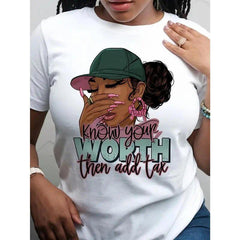 "Know Your Worth Then Add Tax" Empowering Graphic Tee with Stylish Woman & Fashion Glasses Design, Breathable Round Neck Short Sleeve Casual Top for Spring/Summer, Ladies T Shirts, Casual Attire, Casual Style