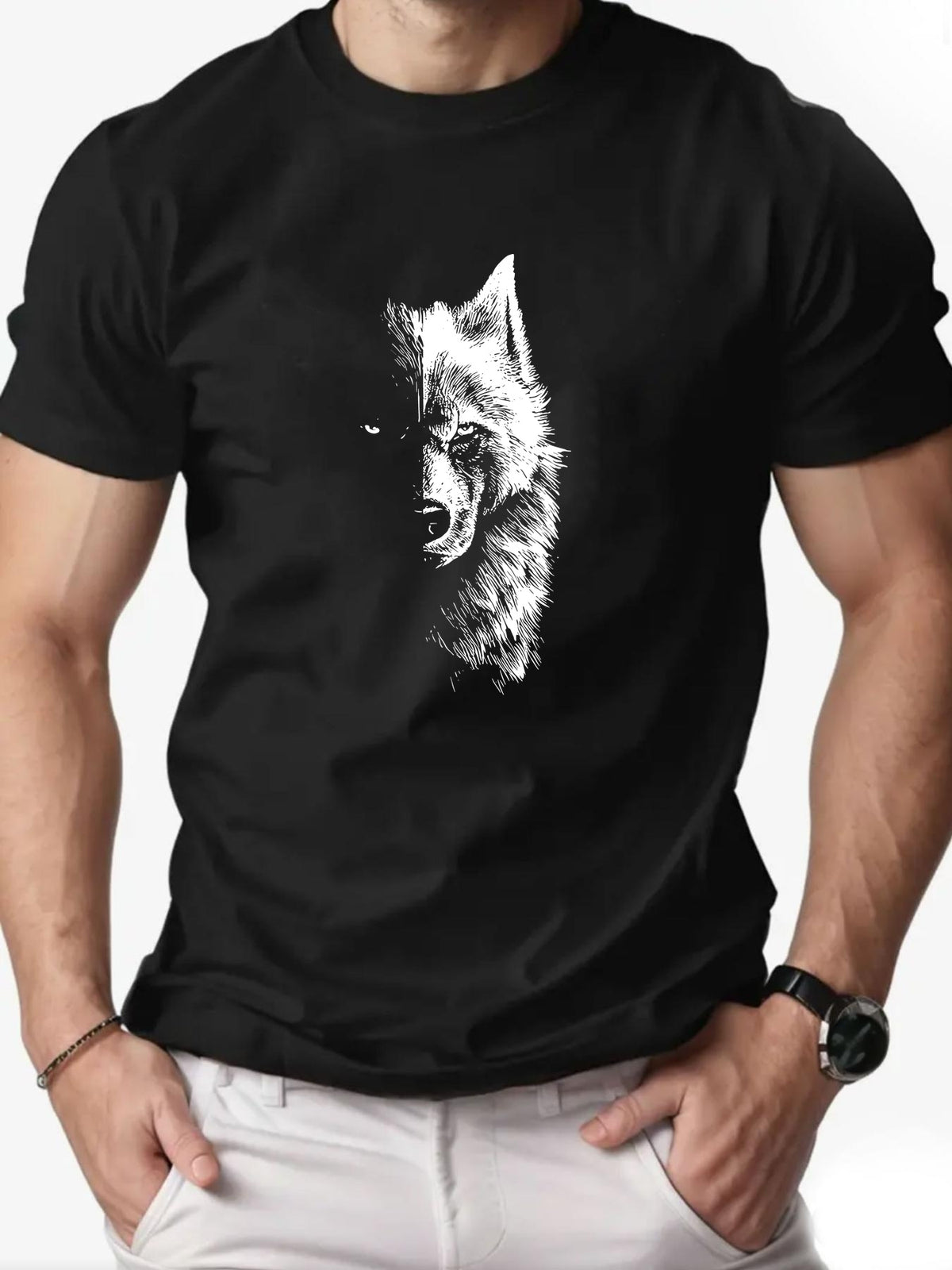 Fashionable Graphic Men's T-Shirt - Summer Casual Solid Color Round Neck Tee with Wolf, 100%Cotton Sportswear Mens