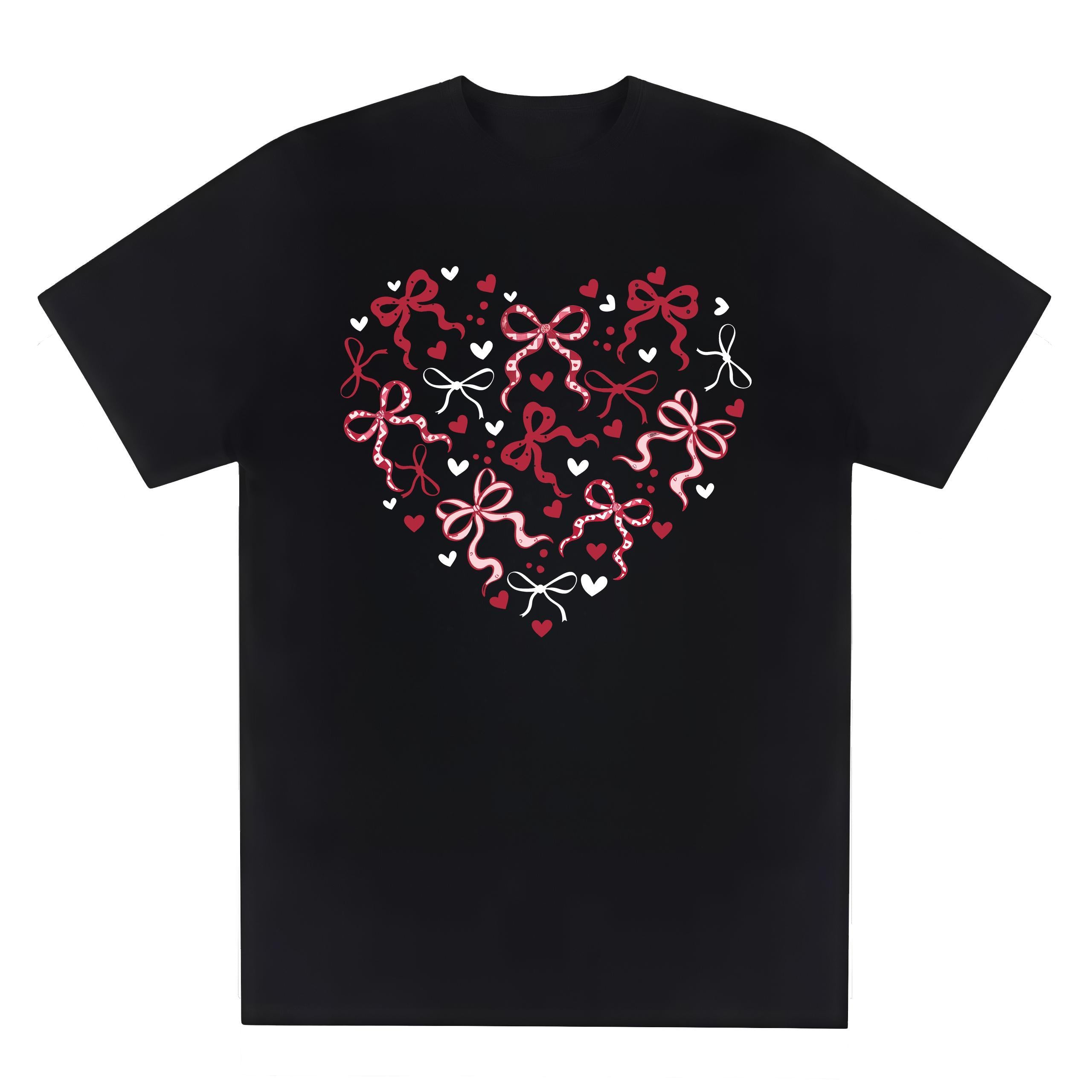 Women's Valentine's Day Red Bow & heart pattern T-Shirt - Romantic Love Theme Round Neck Short Sleeve Casual Blouse for Date Night, Gift Idea, Casual Attire Year-Round Top