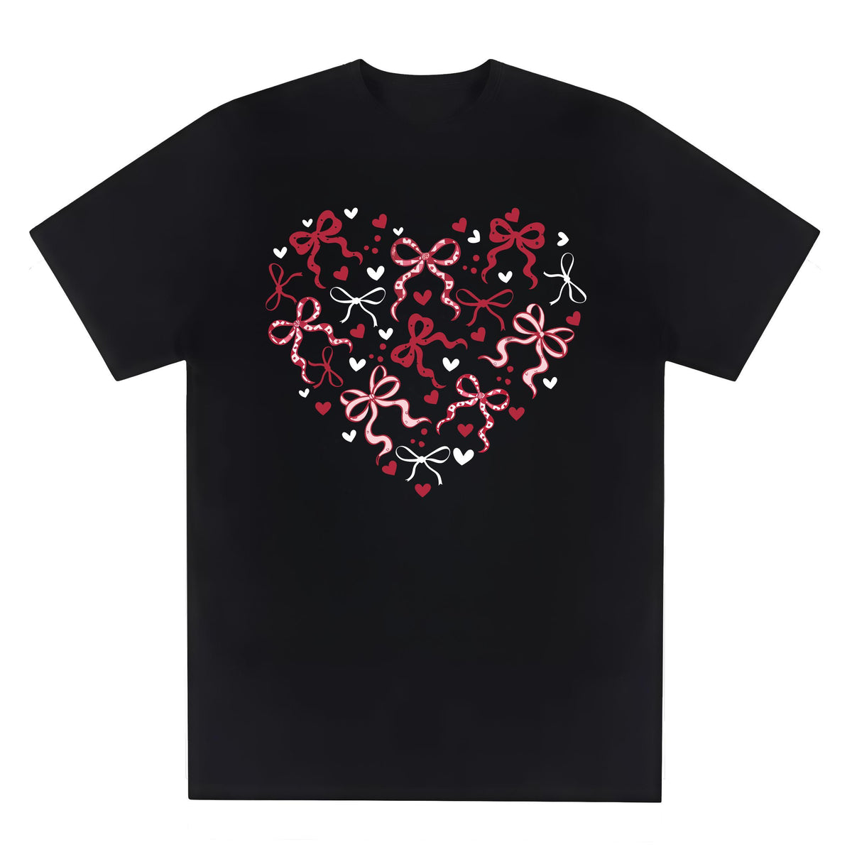 Women's Valentine's Day Red Bow & heart pattern T-Shirt - Romantic Love Theme Round Neck Short Sleeve Casual Blouse for Date Night, Gift Idea, Casual Attire Year-Round Top