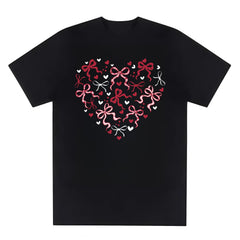 Women's Valentine's Day Red Bow & heart pattern T-Shirt - Romantic Love Theme Round Neck Short Sleeve Casual Blouse for Date Night, Gift Idea, Casual Attire Year-Round Top