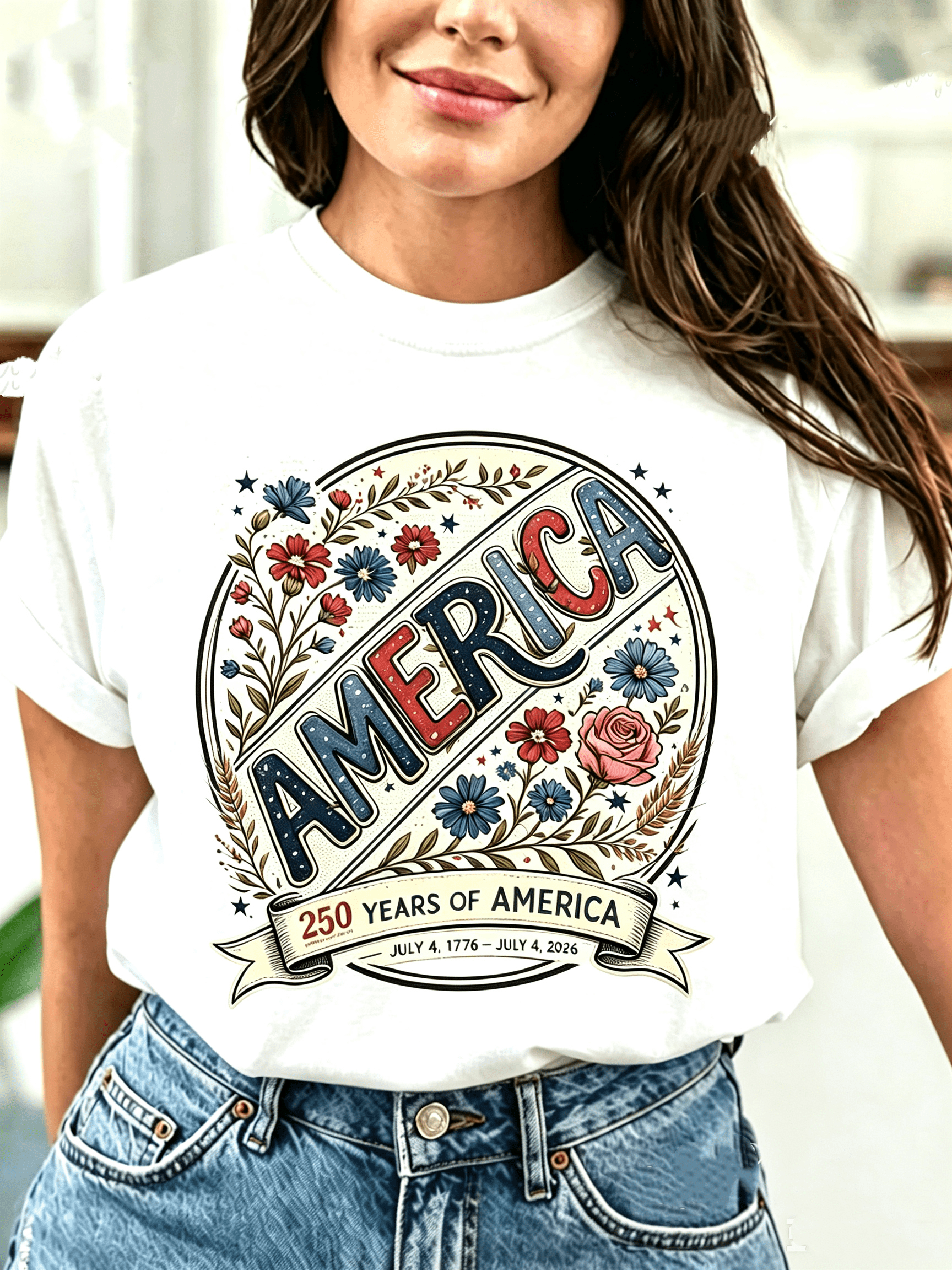 250 Years Of America July 4 1776-2026 Vintage Floral America Circle Star Rose Wildflower Graphic Women T-Shirt