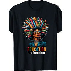Education Is Freedom Black History Month Teacher Books Afro T-Shirt - Summer Fashion Short-Sleeve Top, Round Neck, Machine Washable, Perfect For Casual Attire, Everyday Tshirt| Playful Tshirt| Cotton Fabric