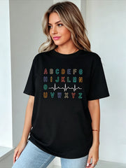 Nurse PQRST ABC EKG Strip Alphabet Print Cotton Short Sleeve Tee Crew Neck Top