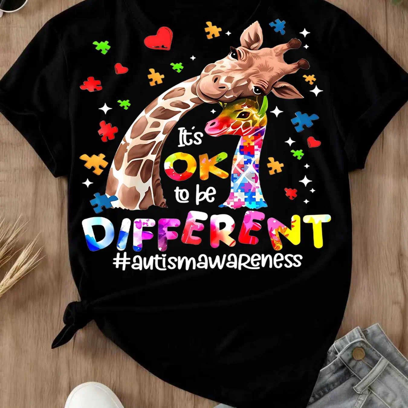 Giraffe Puzzle Piece Heart Graphic Tee | Autism Awareness T-Shirt | Proud To Be Different Casual Top for Women