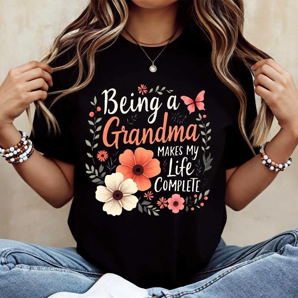 Floral Grandma Quote Design T Shirt Crew Neck Casual Tee For Women Mother Day Gift Grandmother Outfit