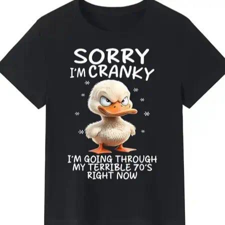 Cute Cranky Duck Senior Humor Graphic T-Shirt - "Sorry I'm Cranky I'm Going Through My Terrible 70's" Funny Animal Print Tee, Perfect for Seniors & Meme Lovers, Casual Apparel for Daily Wear or Senior Gatherings