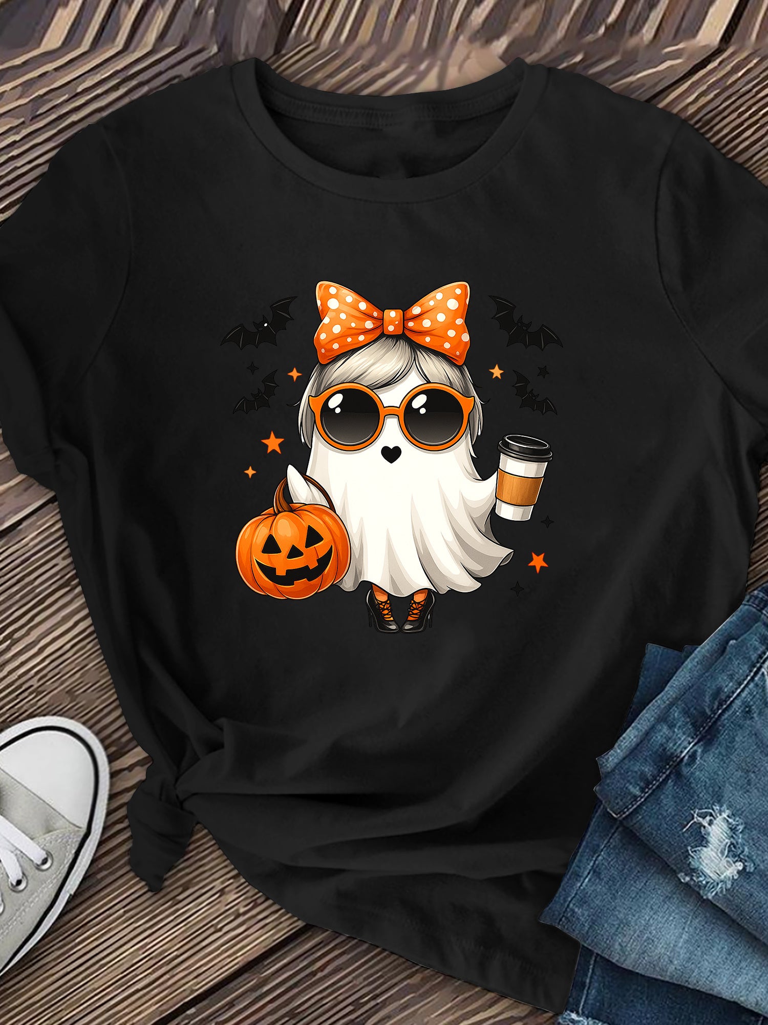 Women's Halloween T-Shirt - Cute with Pumpkin Latte Cup Graphic