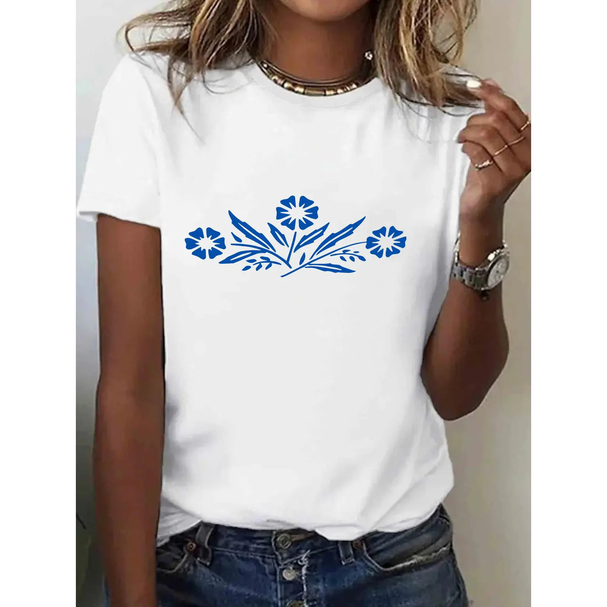 Women's 100% Cotton Floral Print T-Shirt - Breathable Round Neck Short Sleeve Casual Top, All-Season Comfort