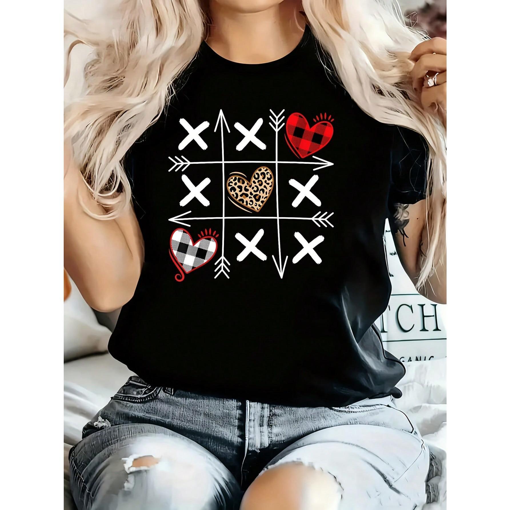Cute Valentines Day Leopard Print Buffalo Plaid Heart Women's Plus Size T-Shirt 100% Polyester Shirt Casual 220g Funny Oversized Graphic Short Sleeve 1 Pcs Tee Novelty Crew Neck Top