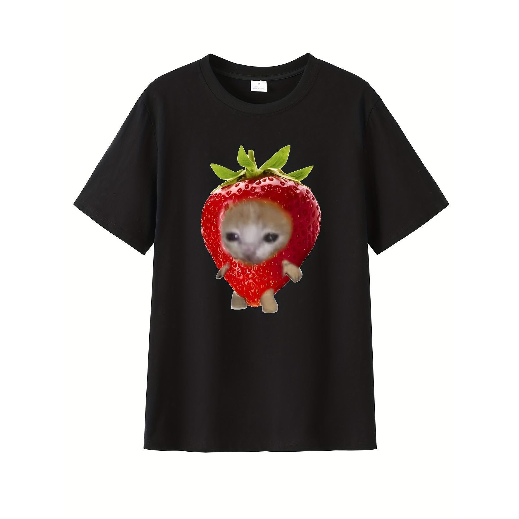 Cartoon Cute Strawberry Cat Sticker, Print Tee Shirt, Tees for Men, Casual Short Sleeve T-Shirt for Summer