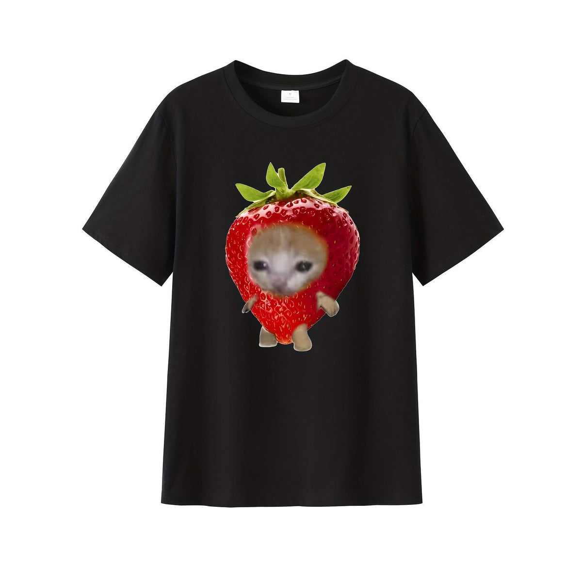 Cartoon Cute Strawberry Cat Sticker, Print Tee Shirt, Tees for Men, Casual Short Sleeve T-Shirt for Summer
