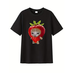 Cartoon Cute Strawberry Cat Sticker, Print Tee Shirt, Tees for Men, Casual Short Sleeve T-Shirt for Summer