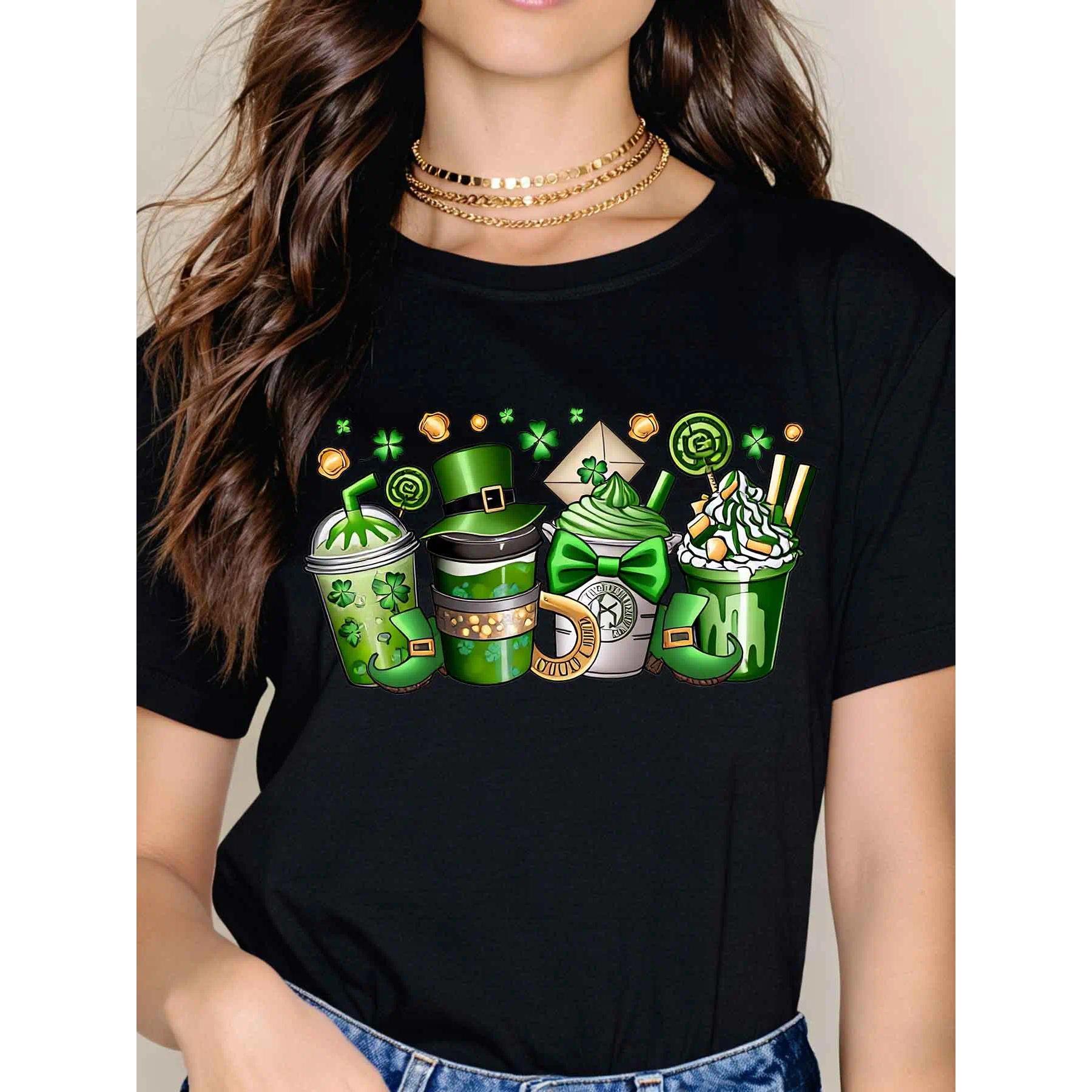 Women Casual T-Shirt White St Patrick Day Coffee Cup And Leprechaun Hat Design For Festival Celebration
