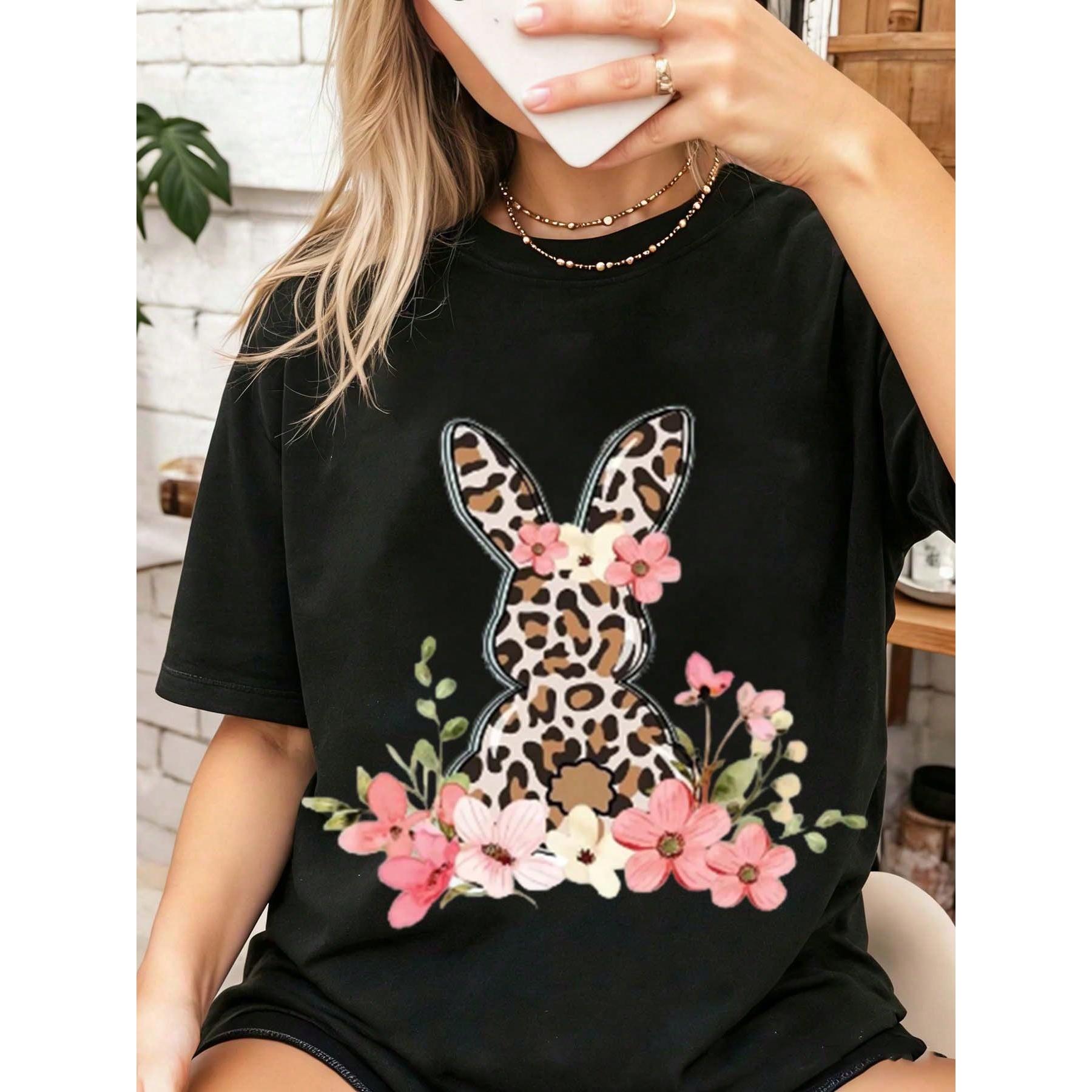 Easter Leopard Bunny Floral Print Design Pure Cotton Casual Round Neck T Shirt Soft Comfortable For Spring Summer Wear