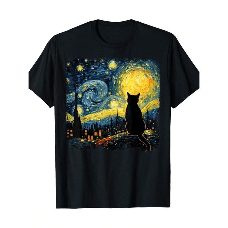 Cotton Cat Starry Night Van Gogh Cat Lover Cat Mom Cat Dad T-ShirtCouple Clothing 2025Family T-Shirt Menswear Top Tshirt Streetwear Black Casual Crewneck Print Tropical Shortsleeve Bestie
