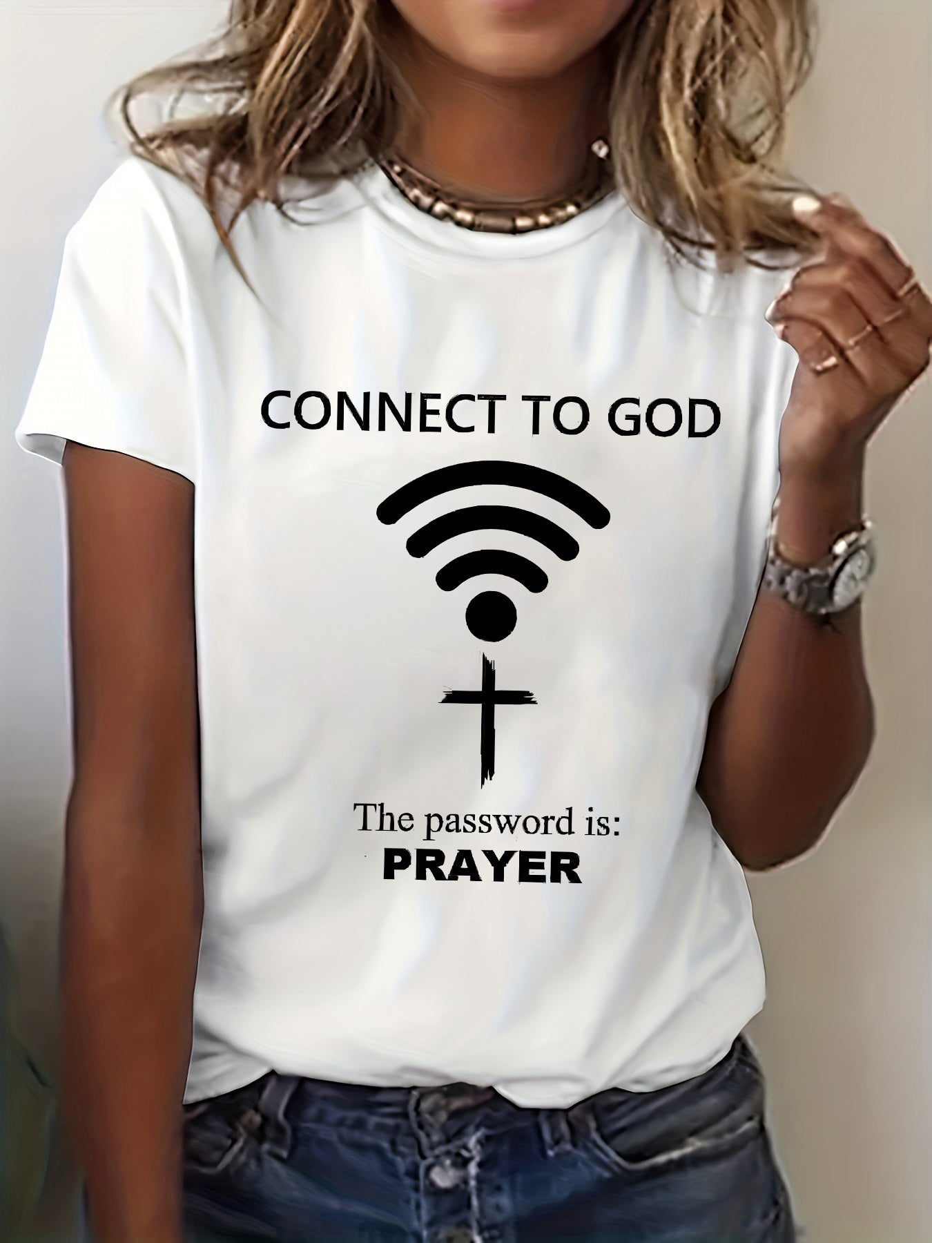 Women's Connect To God Prayer Graphic Crew Neck T‑Shirt, Funny Spiritual WiFi Cross Letter Print, Casual Short‑Sleeve Tee for Church & Faith‑Inspired Daily Wear