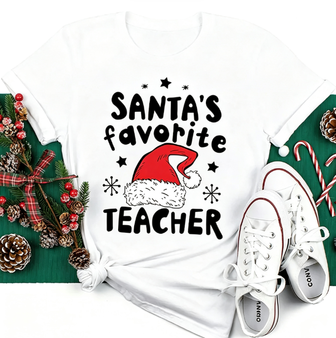 Women’s Cute Christmas Teacher Graphic T‑Shirt, Festive Classroom Holiday Crew Neck Short‑Sleeve Casual Tee with School Character Print