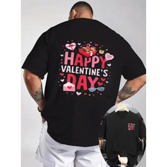 A Black T-Shirt Featuring a Vibrant Valentine'S Day Graphic on The Back, Including The Phrase 'HAPPY VALENTINE'S DAY', a Red Heart with an Arrow, a Heart-Shaped Box, Pink Envelopes, a Teddy Bear, And Blue Glasses. This Casual Crew Neck Tee Is Perfec