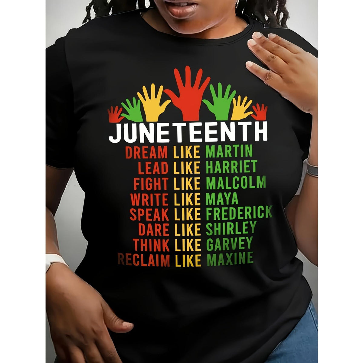 Women's & Men's Black Juneteenth T-Shirt - 100% Short Sleeve Crew Neck with African History Icons (Martin, Malcolm, Maya, Garvey) - Casual Juneteenth Celebration Apparel, Regular Fit Unisex Tee