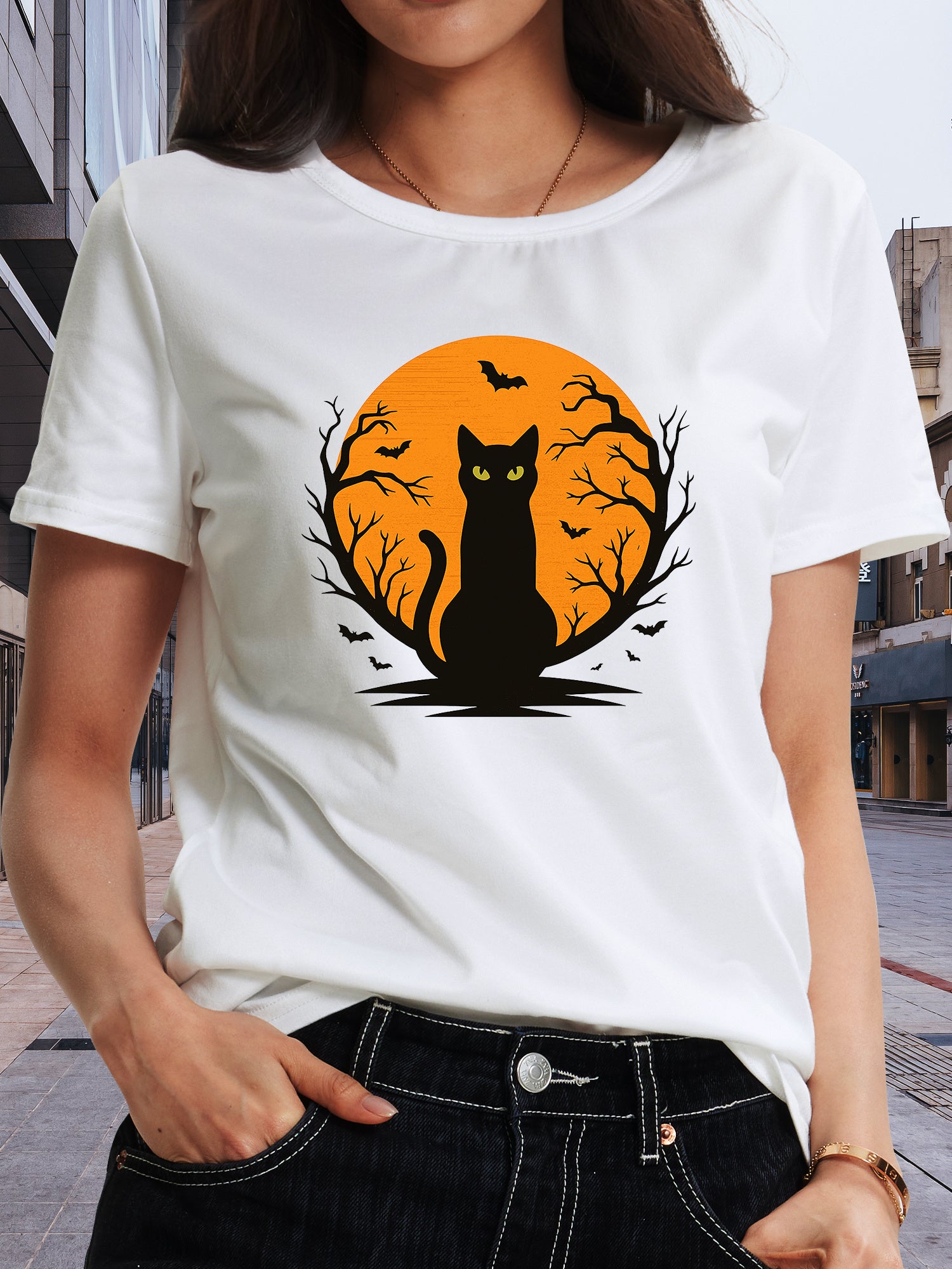 Halloween Black Cat T-Shirt, Orange Moon Bats Graphic Tee