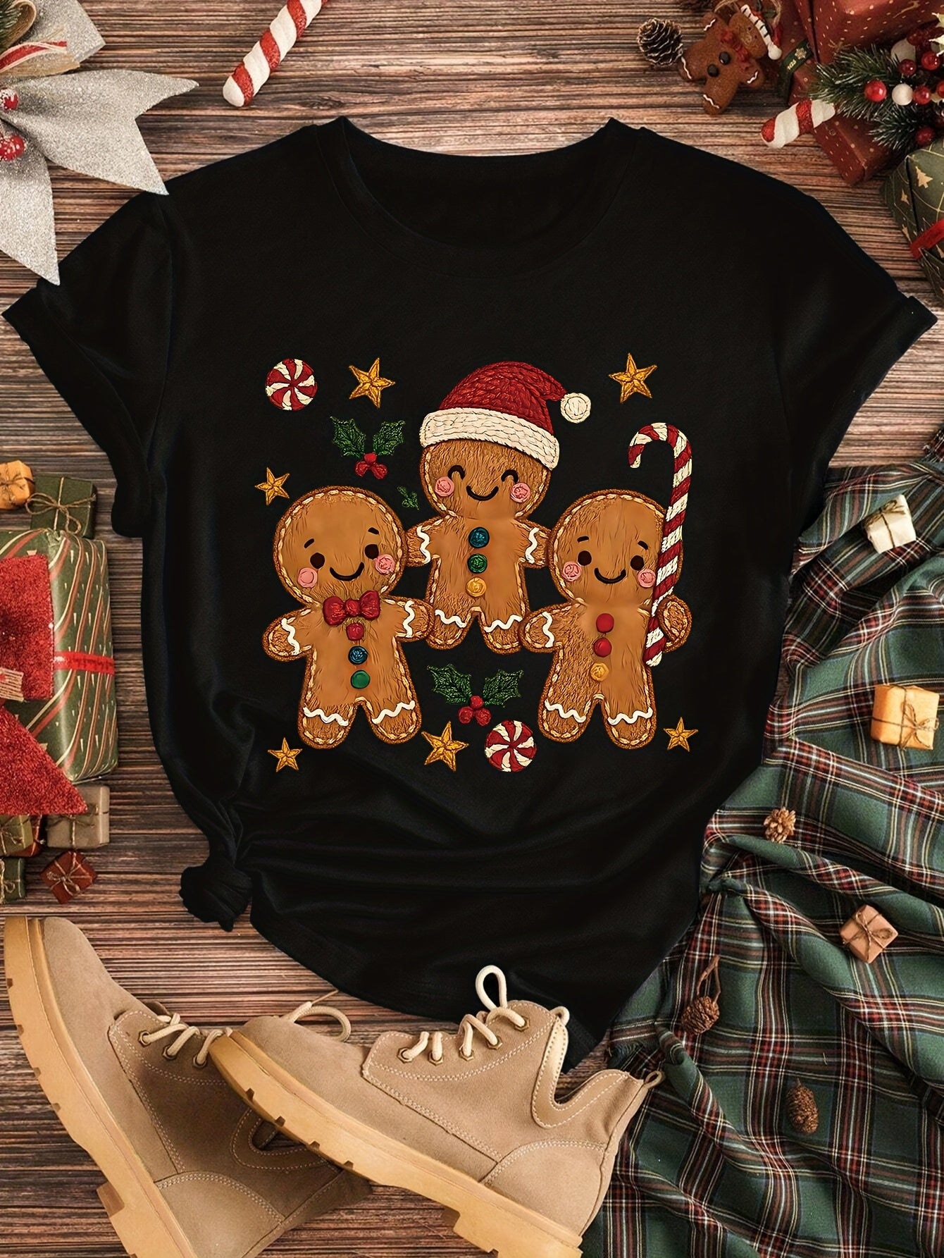 Women's Christmas Gingerbread Man Graphic T-Shirt Cute Candy Cane Holly Star Holiday Casual Winter Tee