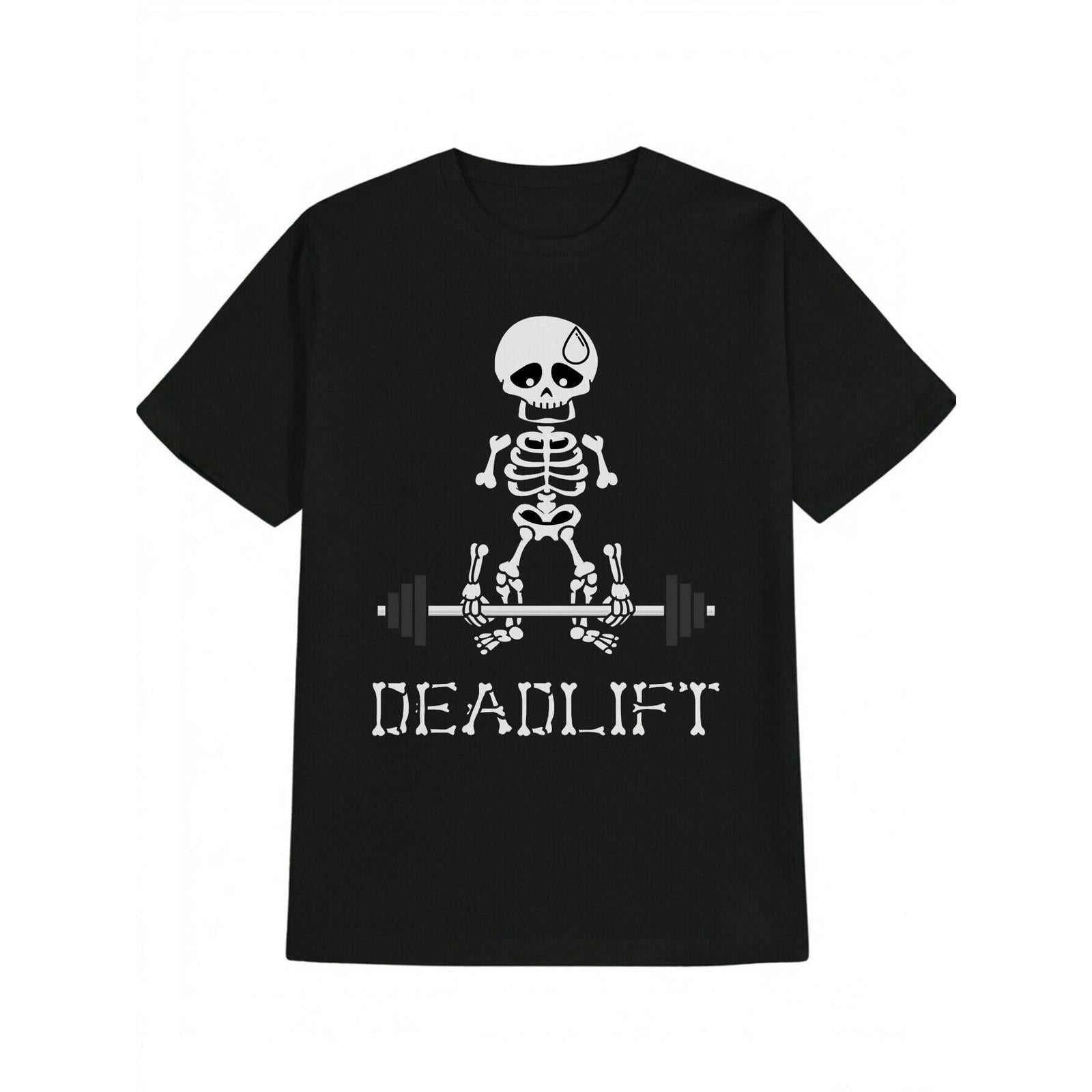 Casual Crew Neck T-Shirt with Skeleton Weightlifting Unisex Graphic