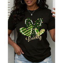 Lucky Shamrock Print T Shirt Women St Patrick Day Green Leopard Striped Design White Crewneck Top Casual Fashion Shirt