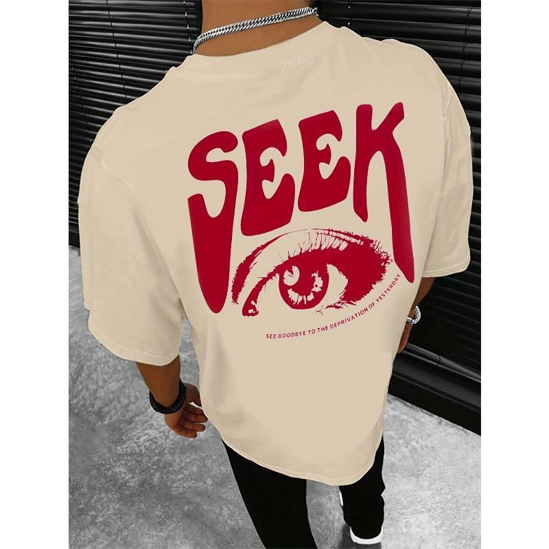 Women's "SEEK" Letter Print Round Neck Short-Sleeve Cotton Stretch 1-Piece T-Shirt with Hem, Casual Cute Lightweight Machine-Washable Top for Daily Wear, One Piece