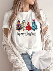 Women Merry Christmas Tee Multi Pattern Christmas Trees Xmas Graphic T Shirt