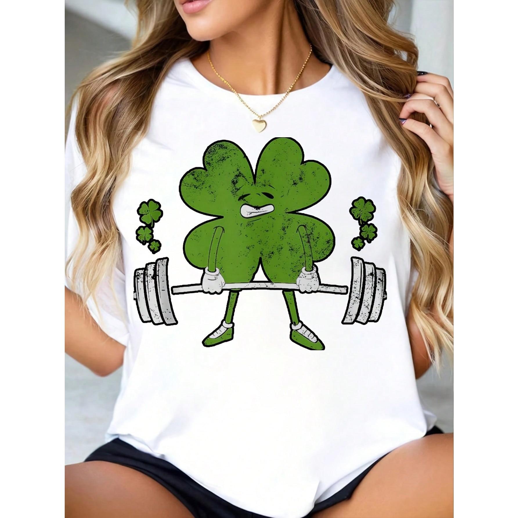 Round Neck T Shirt Clover Lifting Weights Print Short Sleeve Casual Summer Top For St Patrick's Day Workout And Everyday Wear