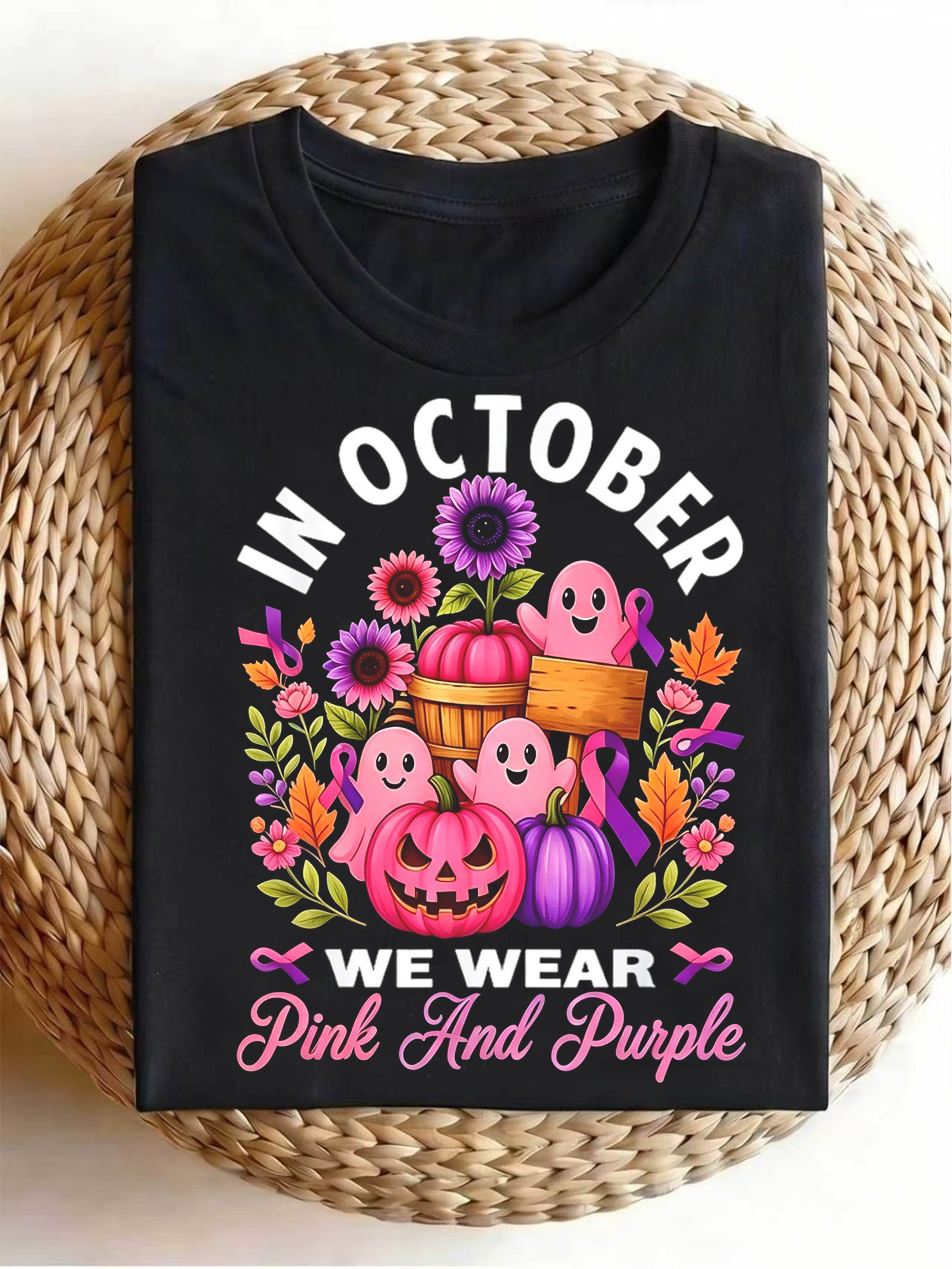 In October We Wear Pink And Purple Pumpkin Ghost Floral Graphic T‑Shirt, Fall Halloween Casual Short Sleeve Tee