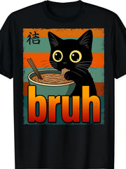 Men'S Teen Kawaii Bruh Meme T-Shirt with Cat Ramen Anime Graphic