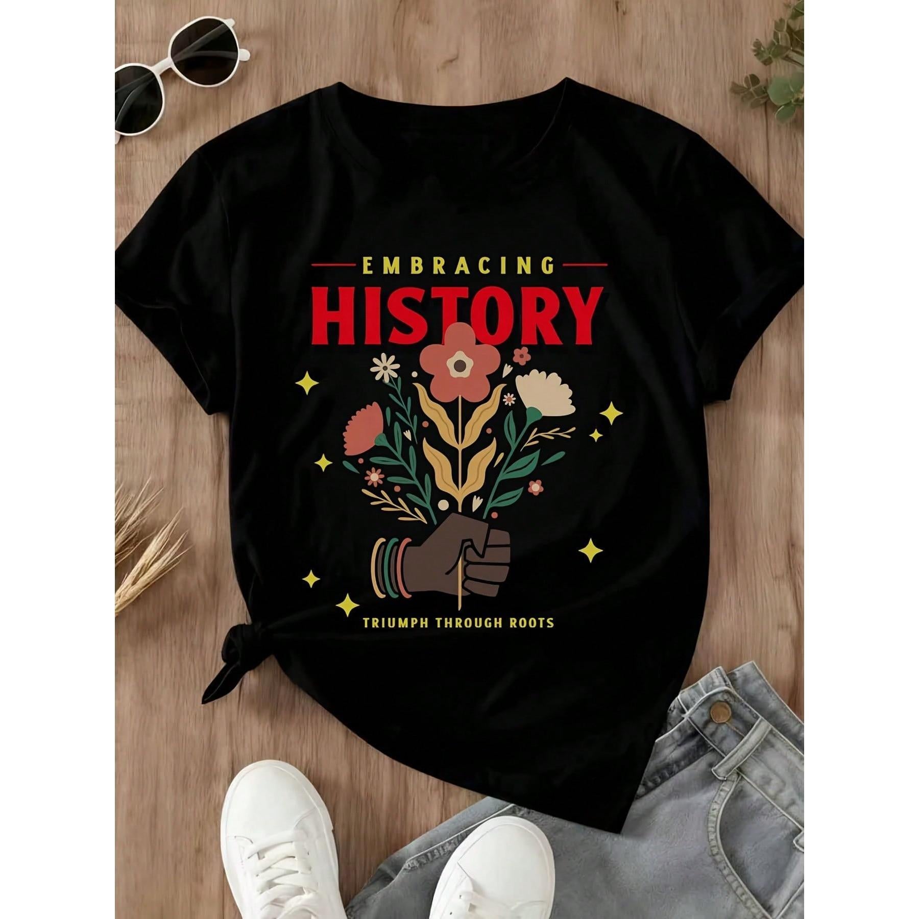 Embracing History Triumph Through Roots T Shirt With Floral Design And Raised Fist Graphic For Women