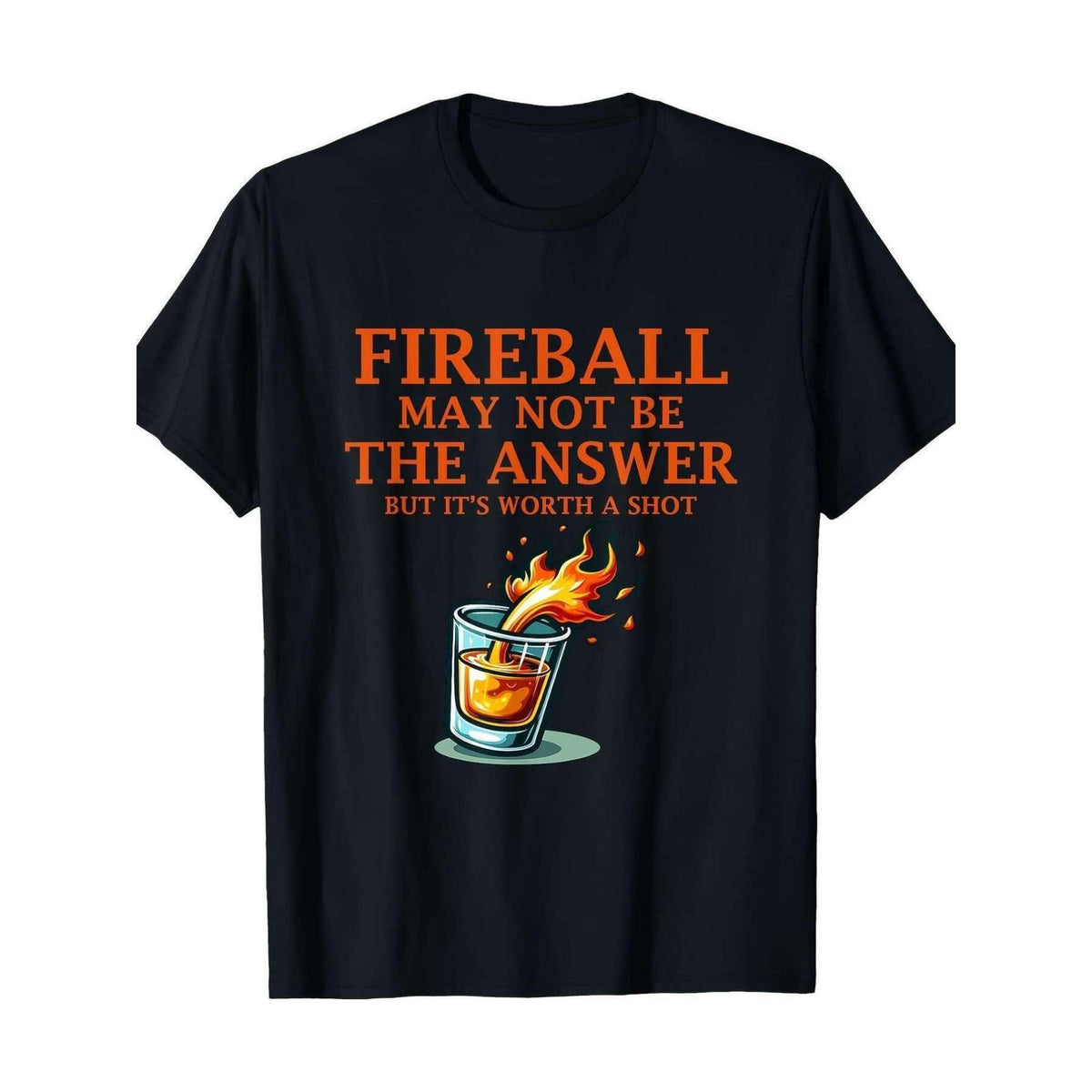 Men's "Fireball May Not Be The Answer" Graphic Cotton T-Shirt - Casual, Breathable and Machine Washable, Perfect for All Seasons, Black with Orange Flame Design