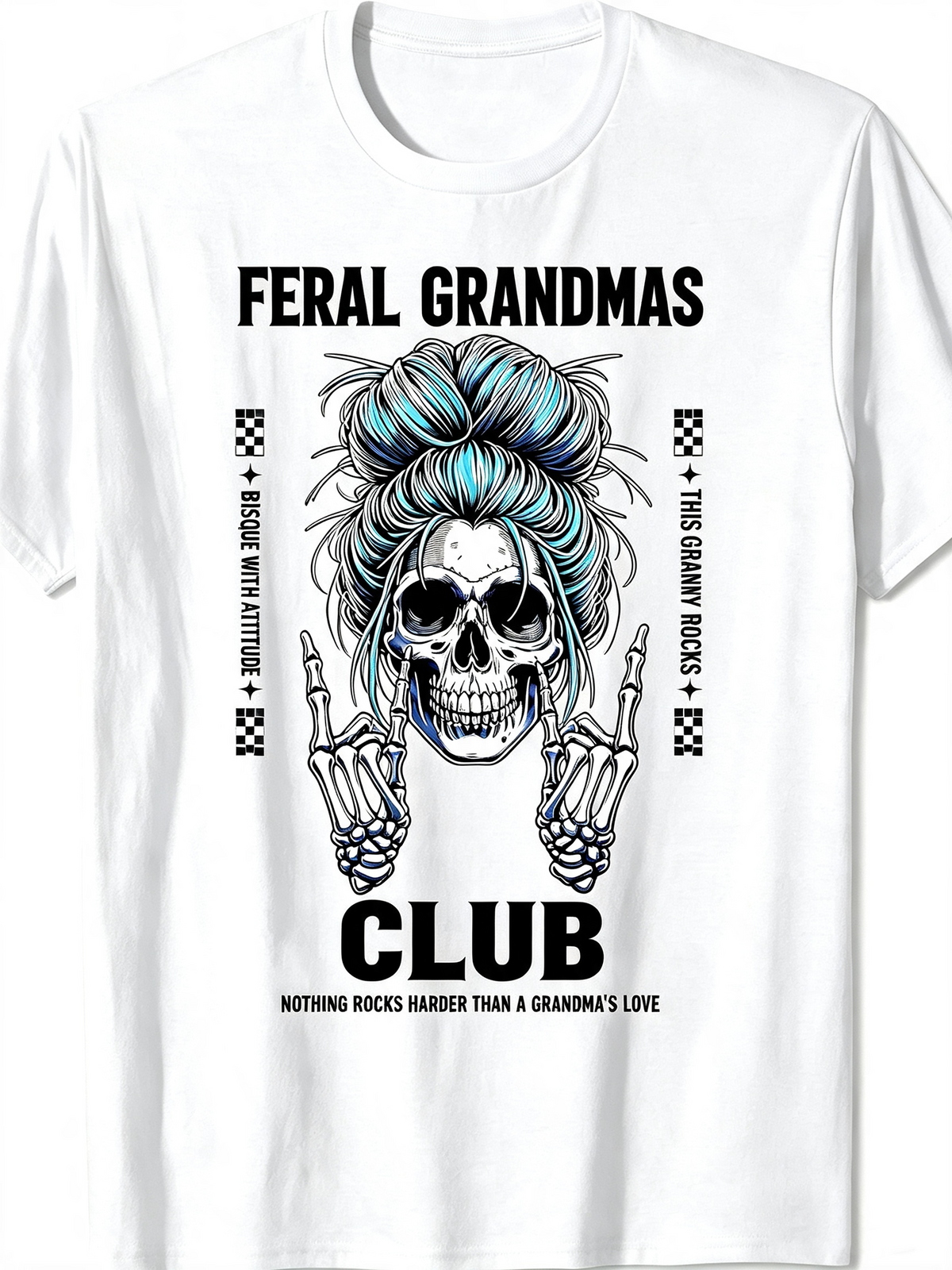Feral Grandmas Club Graphic T‑Shirt, Funny Skeleton Grandma Rock Style Casual Short Sleeve Tee for Women