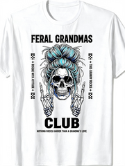 Feral Grandmas Club Graphic T‑Shirt, Funny Skeleton Grandma Rock Style Casual Short Sleeve Tee for Women