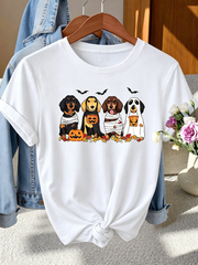 Halloween Dachshund Dogs Mummy Ghost Pumpkin Graphic T-Shirt, Women's Cute Spooky Short Sleeve Tee