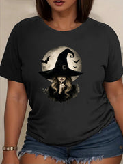 Mystery Witch Hat Shhh Graphic T-Shirt, Women's Gothic Short Sleeve Crew Neck Casual Top