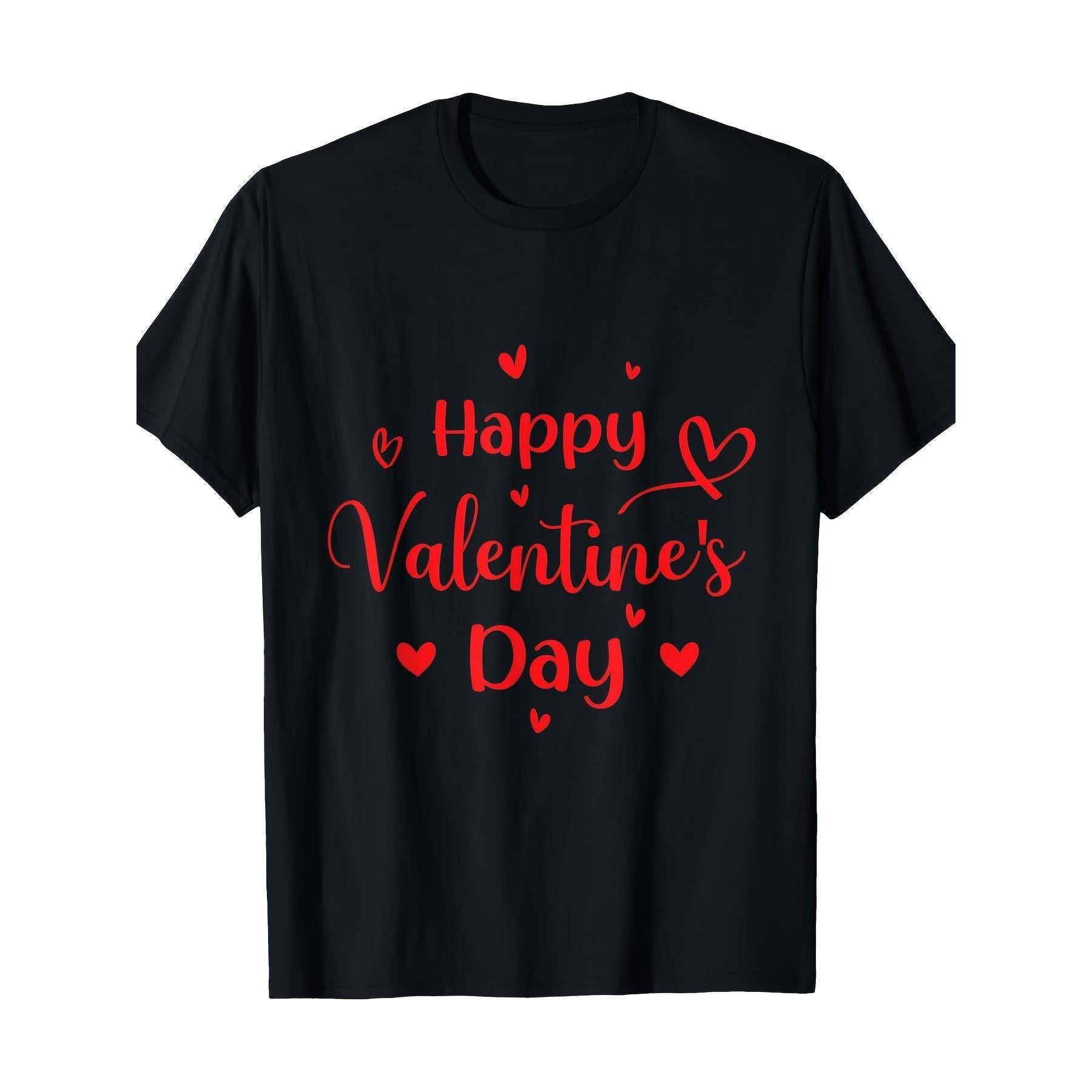 Men'S Happy Valentine'S Day Black T-Shirt | Casual Crew Neck, Short Sleeve with Red Heart Graphics, 220g, All-season, Vintage Style, Regular Fit, Perfect for Adults
