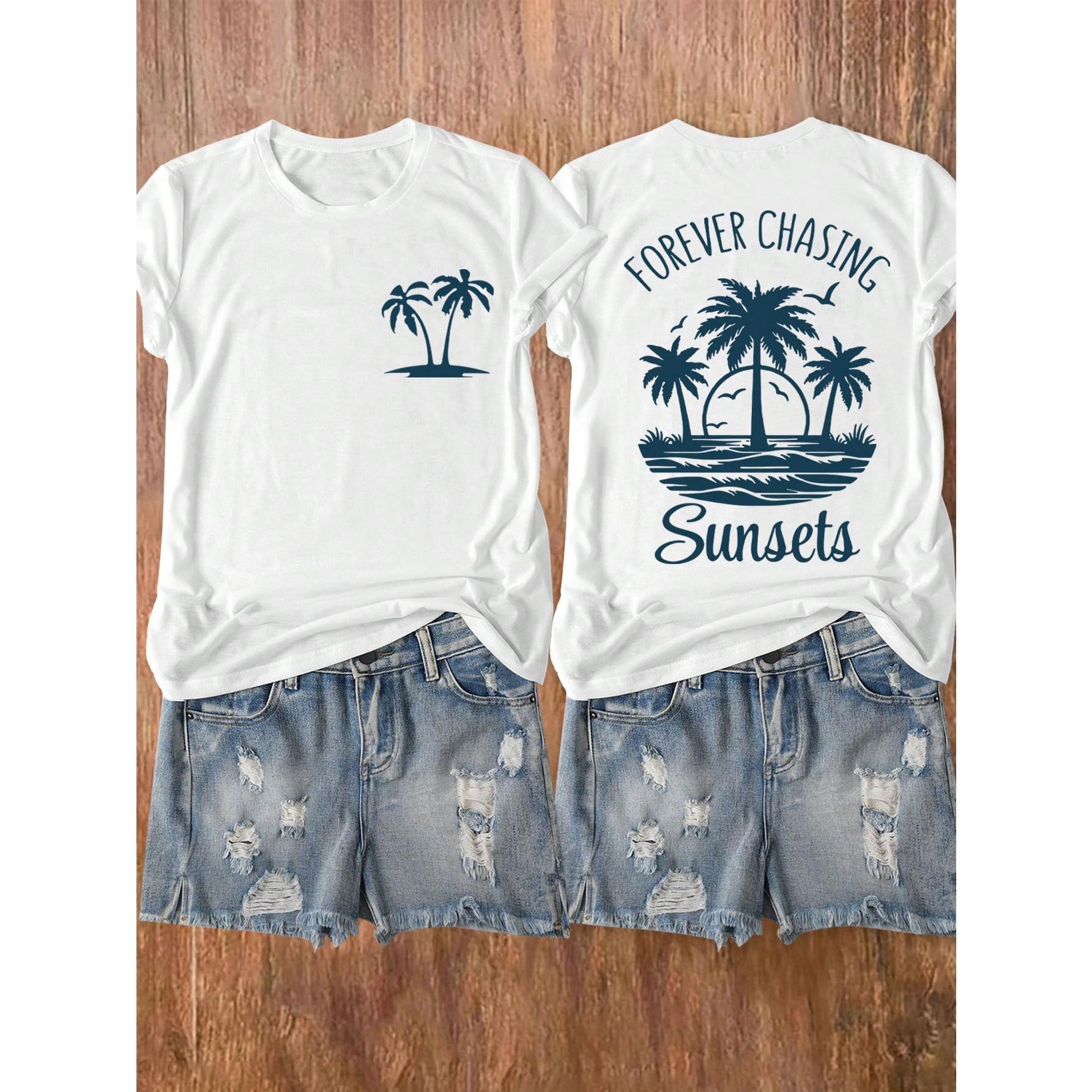 Sunsets Beach Palm Tree And Letter Print Short Sleeve Round Neck T-Shirt, Suitable For Casual, Outdoor, Holiday Everyday Wear, All Seasons