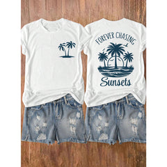 Sunsets Beach Palm Tree And Letter Print Short Sleeve Round Neck T-Shirt, Suitable For Casual, Outdoor, Holiday Everyday Wear, All Seasons
