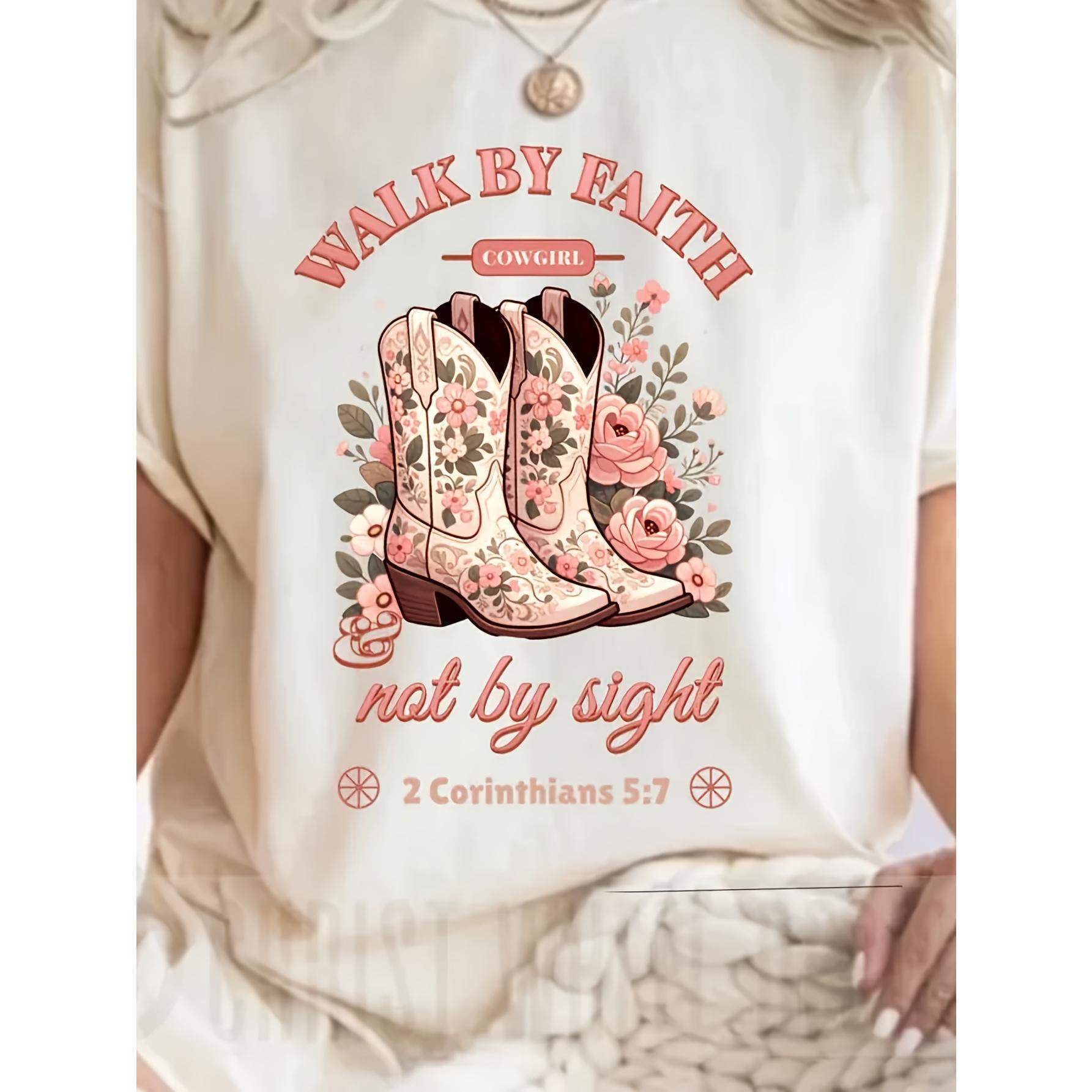 Women'S Christian Faith T-Shirt - "Walk by Faith, Not by Sight" Bible Verse Graphic Tee - Soft And Breathable Crew Neck Top - Lightweight Everyday Religious Shirt, Perfect for Women - Shepherdess Inspired Bible Verse Apparel - Faith-Based Gift Idea