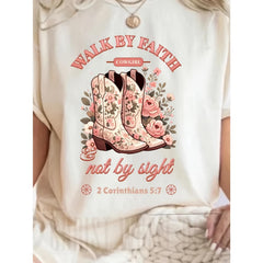 Women'S Christian Faith T-Shirt - "Walk by Faith, Not by Sight" Bible Verse Graphic Tee - Soft And Breathable Crew Neck Top - Lightweight Everyday Religious Shirt, Perfect for Women - Shepherdess Inspired Bible Verse Apparel - Faith-Based Gift Idea